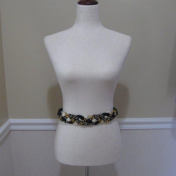 Leopard Print Braided Stretch Cord Belt Black White Gold Chain fits 36-44" waist - Picture 2 of 5